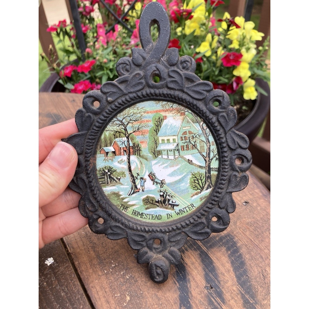 Vintage Cast Iron Trivet Wall Plaque The Homestead in Winter Japan 1957 Farm